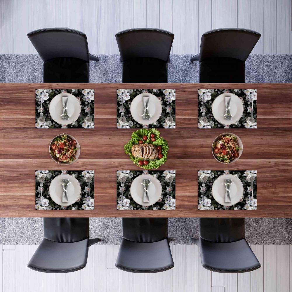 Siyah Zeminde Gül ve Papatya Desenli Lüks Amerikan Servisi - 4'lü Set (35X50 Cm)