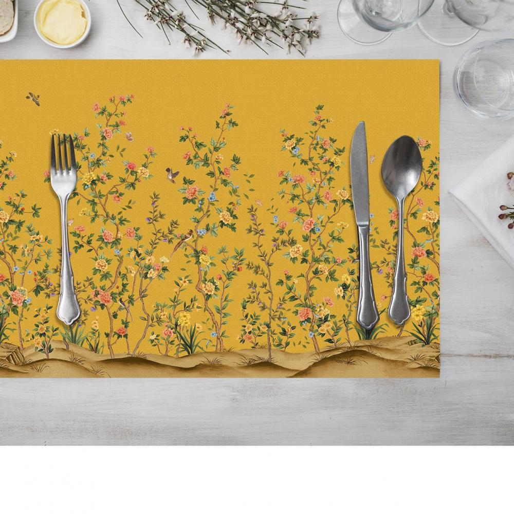 Hardal Sarısı Üzerine Vintage Çiçek Desenli  – 4’lü Amerikan Servis (30x50 cm)