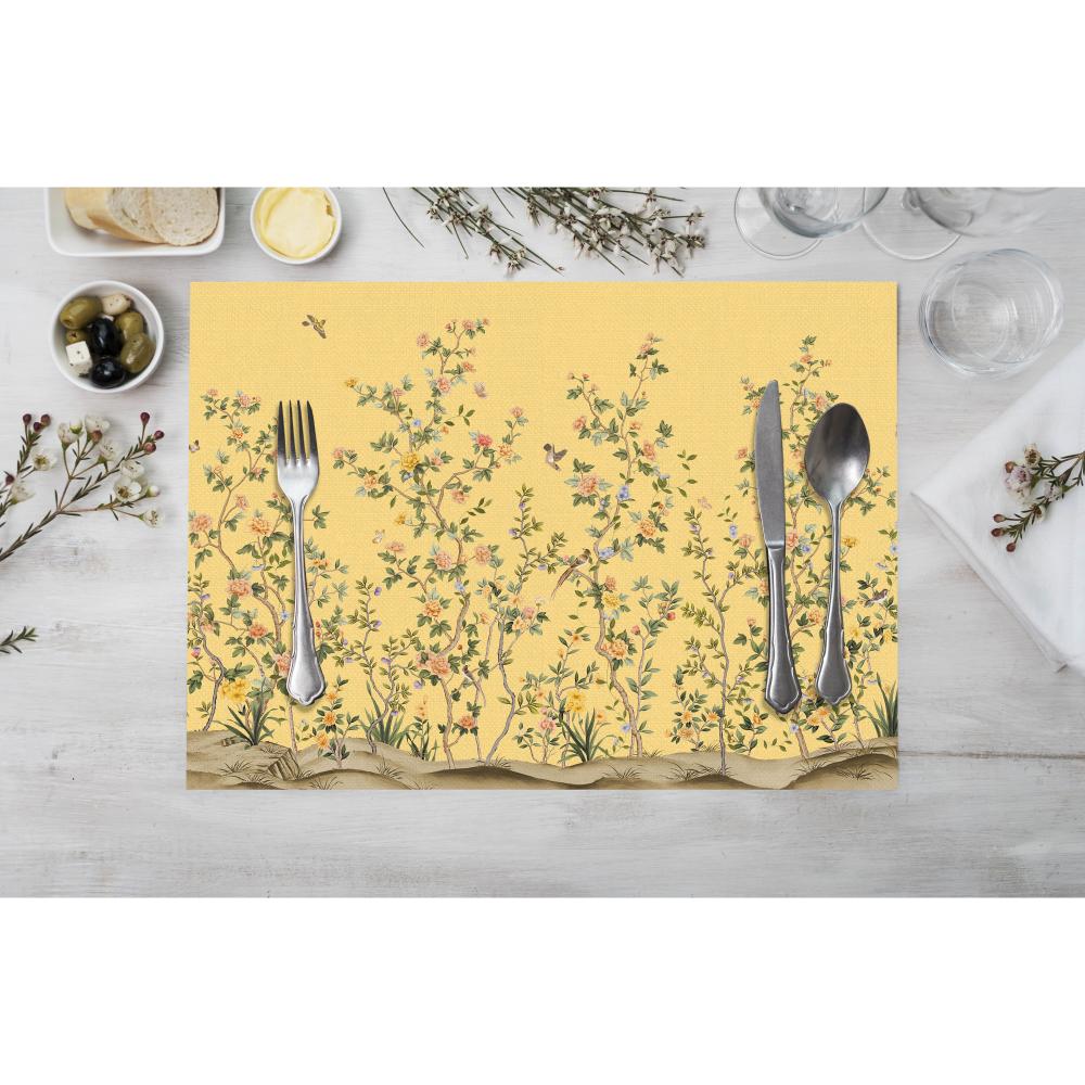 Sarı Zemin Üzerine Vintage Çiçek Desenli  – 4’lü Amerikan Servis (30x50 cm)