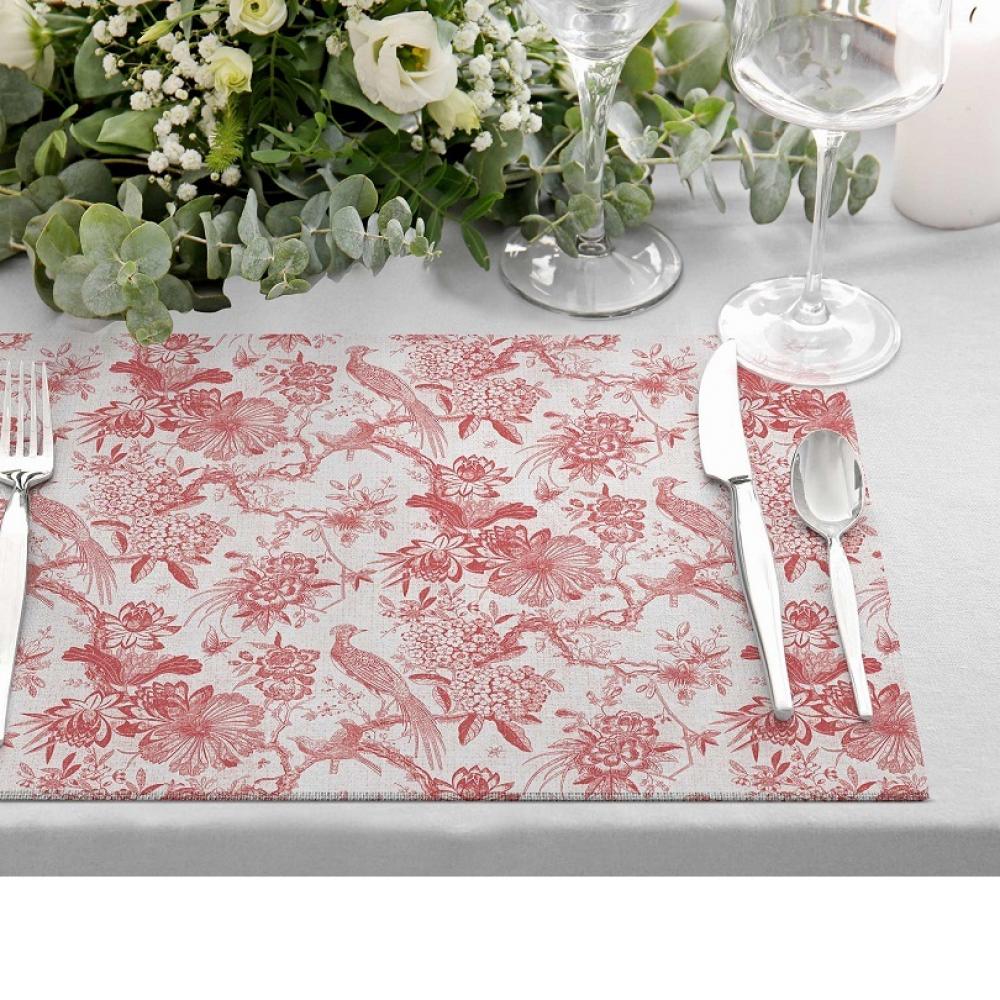 Romantik Desenli Kırmızı Kuş ve Çiçek Motifli Amerikan Servis Seti - 4'lü Set (30x50 cm)