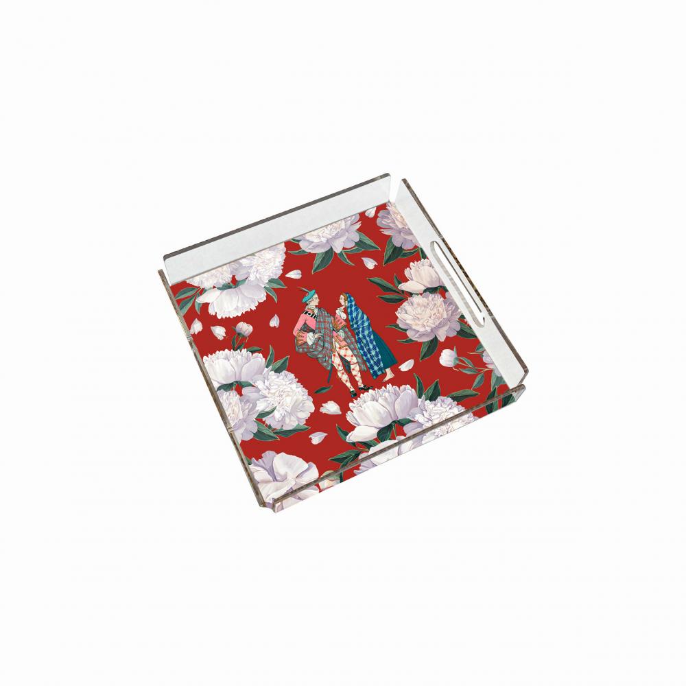 Red - White Rose Pleksi Tepsi - PT2105 - 25x25cm