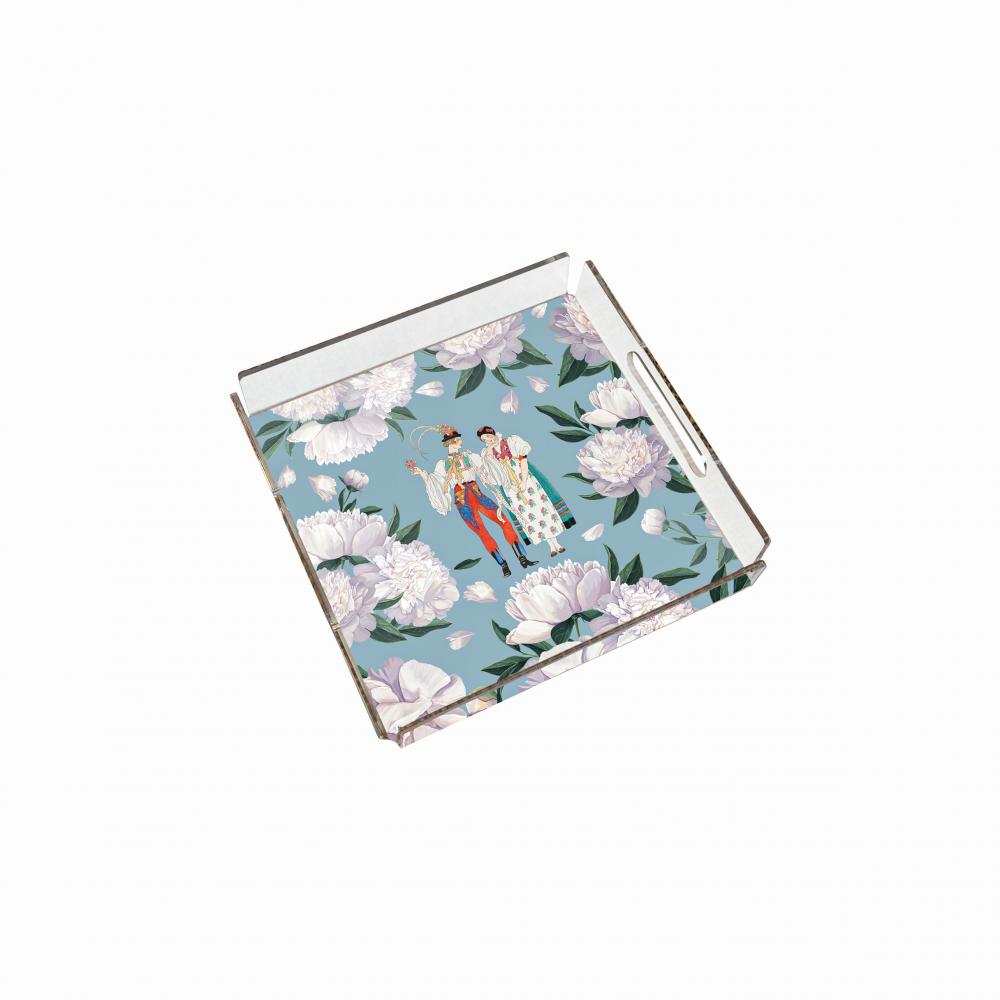 Blue - White Rose Pleksi Tepsi - PT2106 - 25x25cm