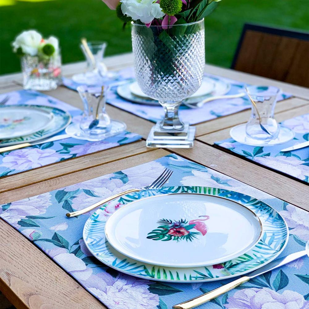 Garden Bloom – Lila Yeşil Tropikal Desenli Amerikan Servis - 4'lü Set 35X50CM