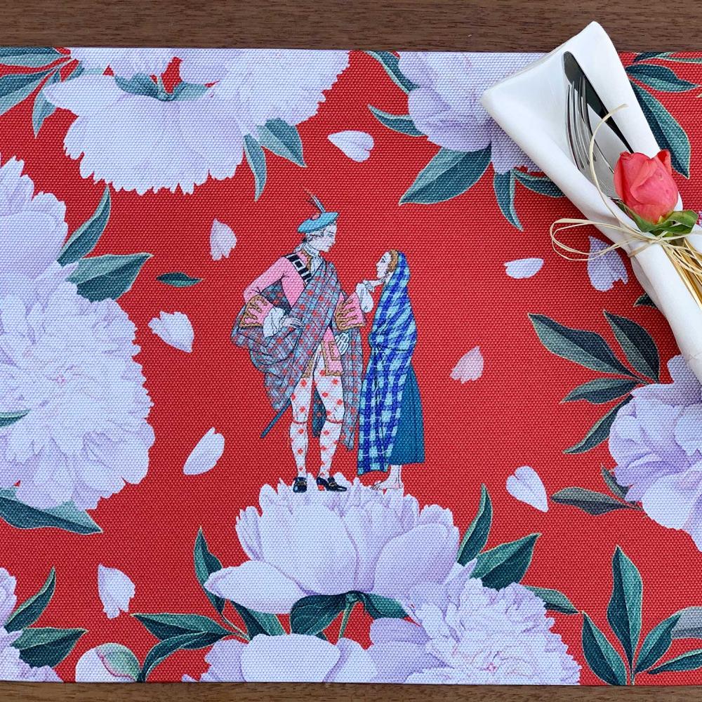 Kırmızı Zemin Büyük Beyaz Çiçek Desenli – 4'lü Set Amerikan Servis (30x50 cm)
