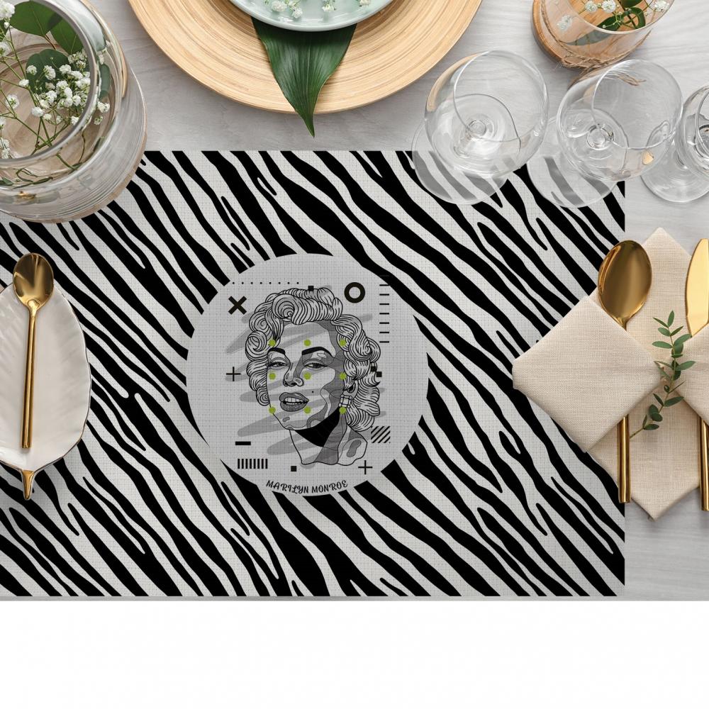 Zebra Desenli İkonik Yıldız Desenli Sanat Baskılı Amerikan Servis – 4’lü Retro Set (30x50 Cm)