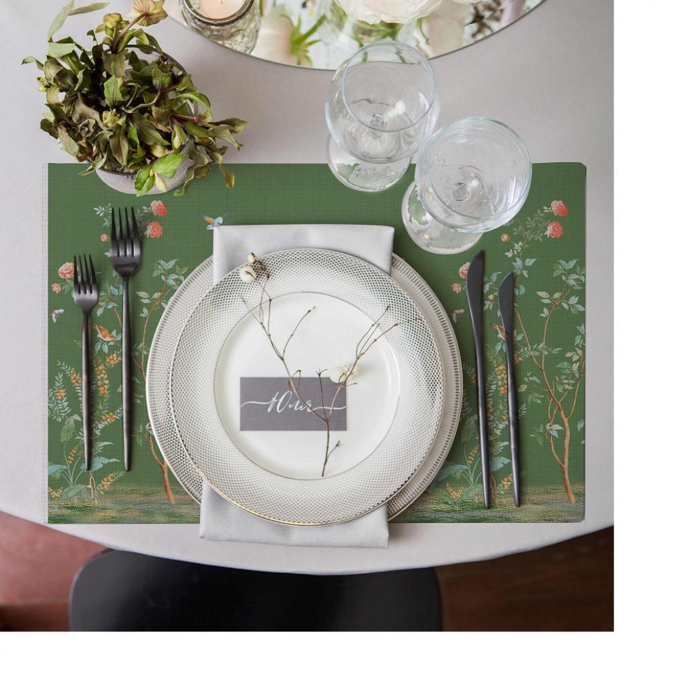Nature Garden – Kuş ve Çiçek Desenli Yeşil Amerikan Servis Takımı- 4'lü Set (35X50 cm)
