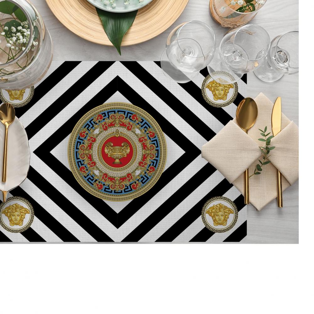 Geometrik Çizgili ve Barok Figürlü Premium Amerikan Servis  – 4’lü (30x50 cm)