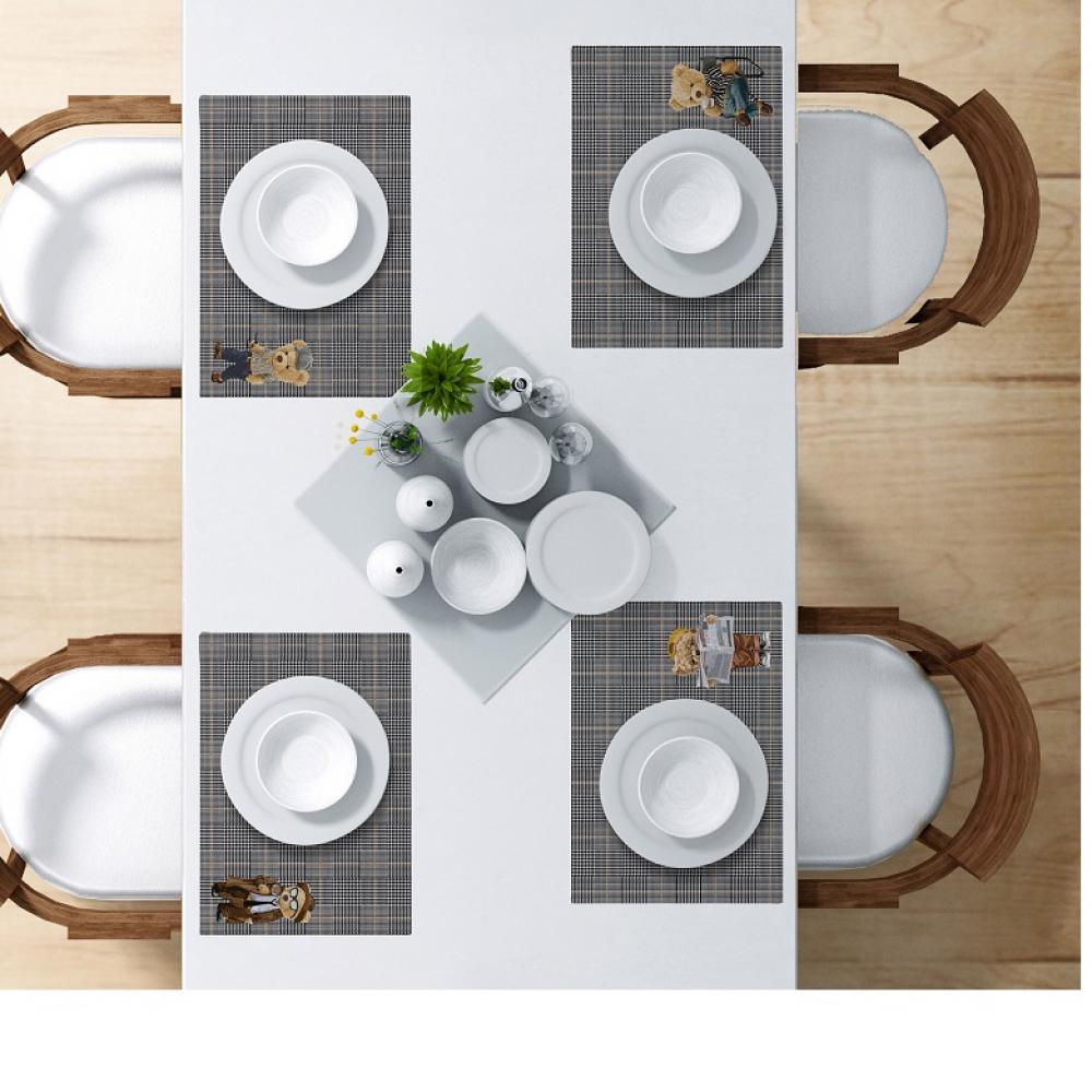 Teddy Gazette Ekose Desenli Ayıcık Baskılı Amerikan Servis – 4’lü Set (35x50 cm)